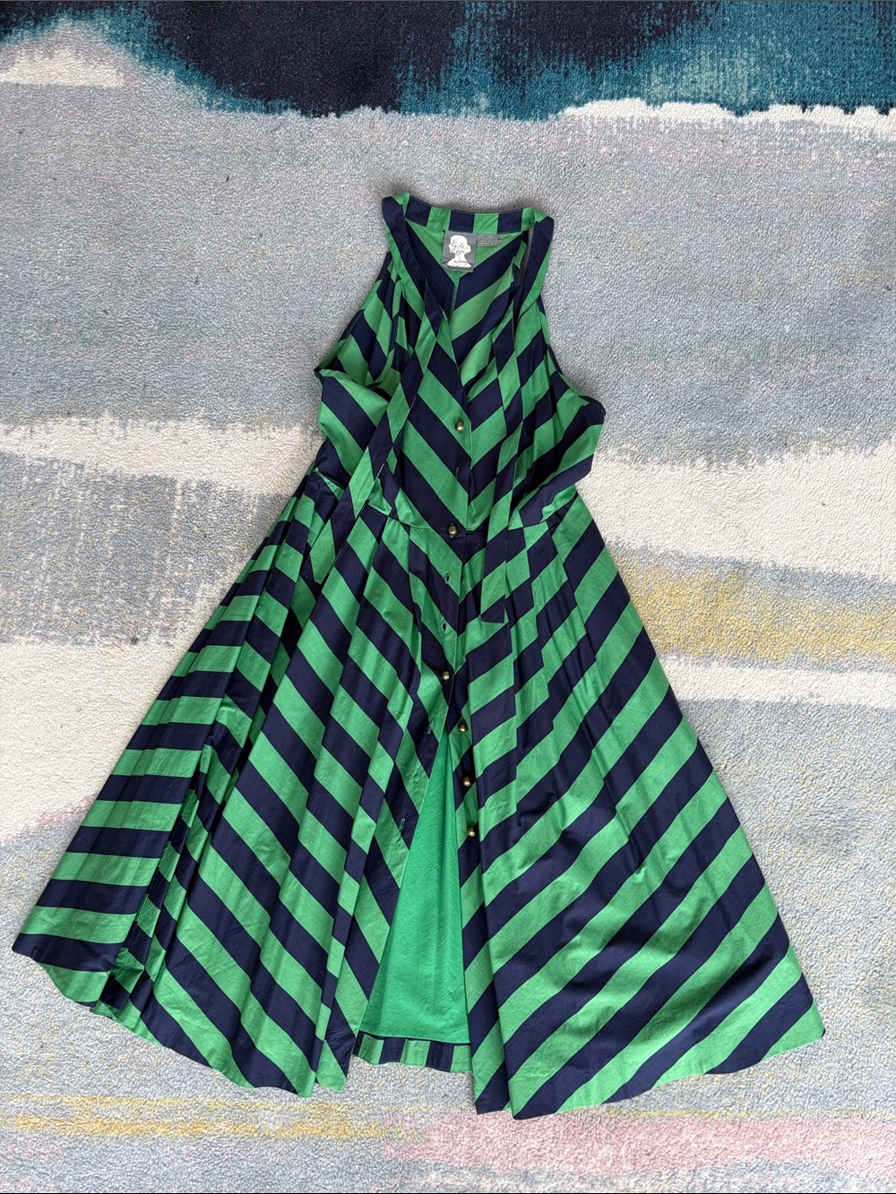 Anthropologie Girls From Savoy Green Blue Striped Fit Flare Dress (6)